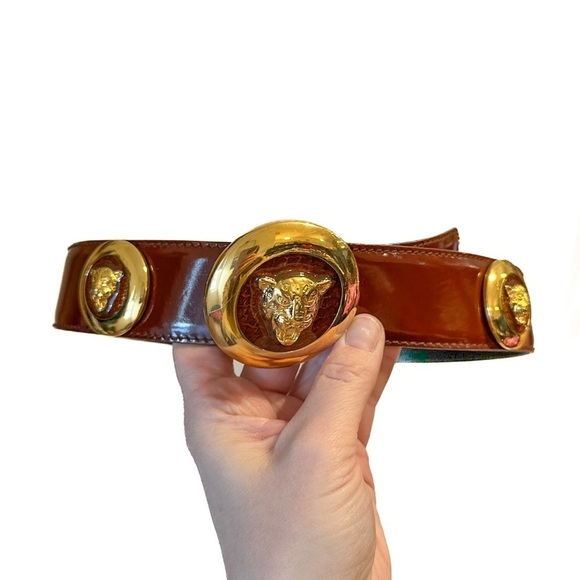 Vintage Escada Tiger Head Belt Brown Patent Leather Gold Medallion sz 38
